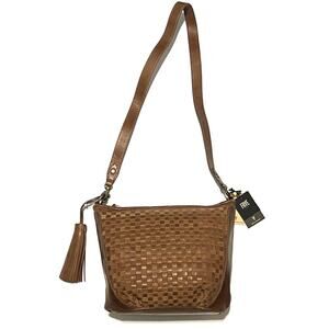 Frye Oriana Woven Leather Crossbody Hobo Purse Shoulder Bag Cognac Brwn NWT $348